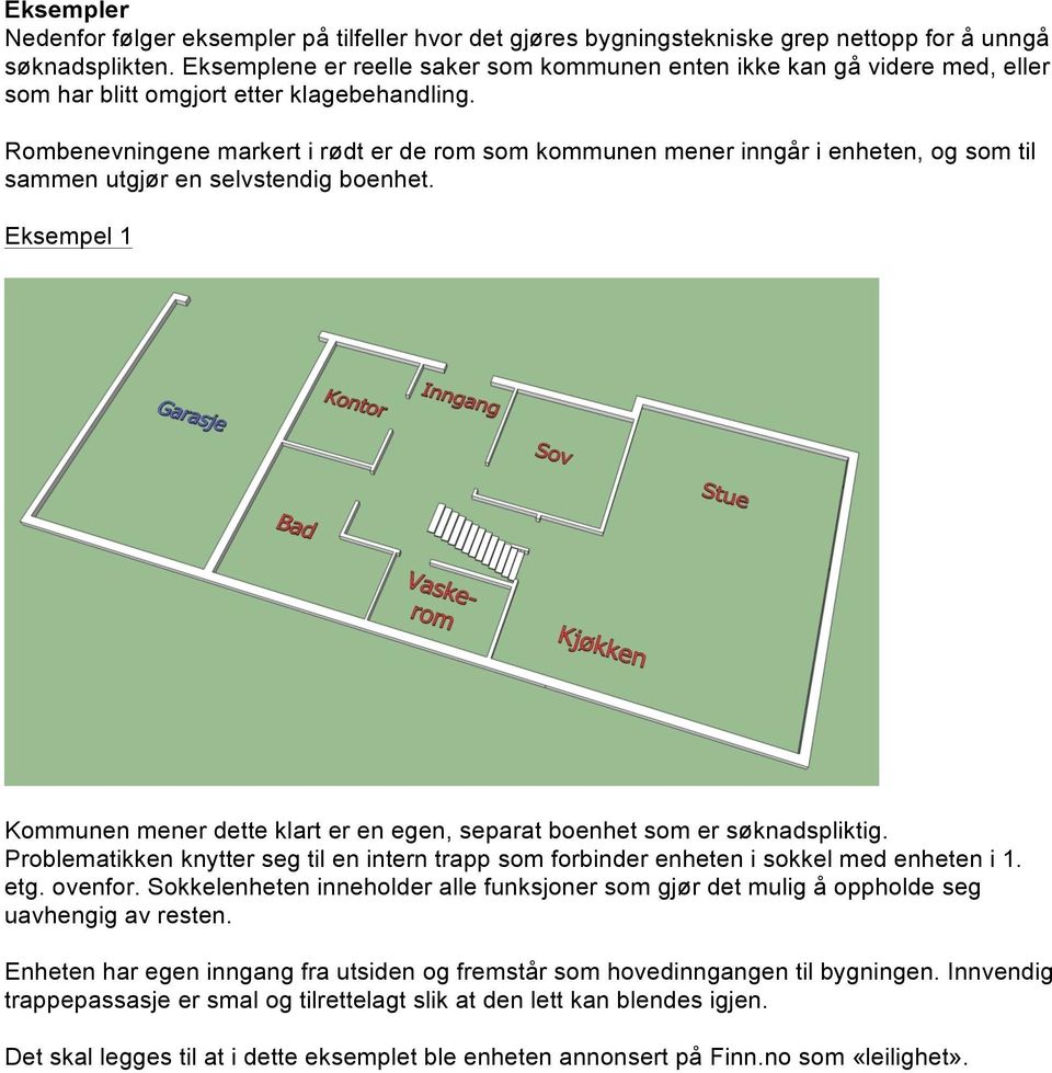 Rombenevningene markert i rødt er de rom som kommunen mener inngår i enheten, og som til sammen utgjør en selvstendig boenhet.