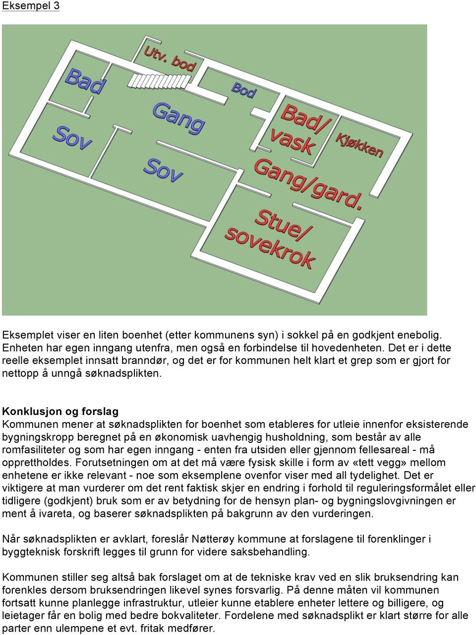 Konklusjon og forslag Kommunen mener at søknadsplikten for boenhet som etableres for utleie innenfor eksisterende bygningskropp beregnet på en økonomisk uavhengig husholdning, som består av alle