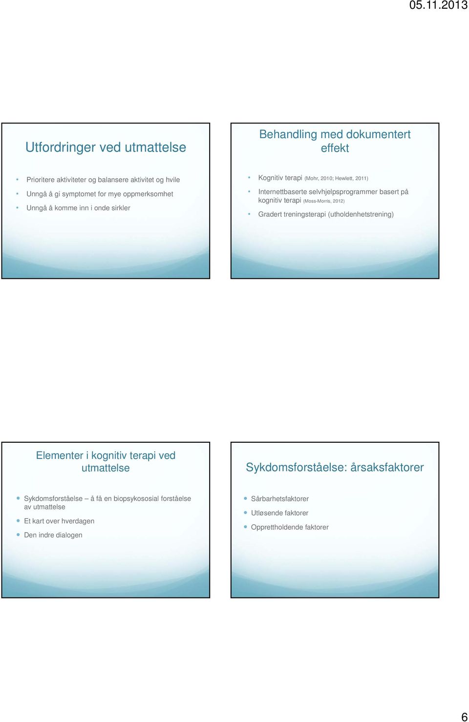 terapi (Moss-Morris, 2012) Gradert treningsterapi (utholdenhetstrening) Elementer i kognitiv terapi ved utmattelse Sykdomsforståelse: årsaksfaktorer