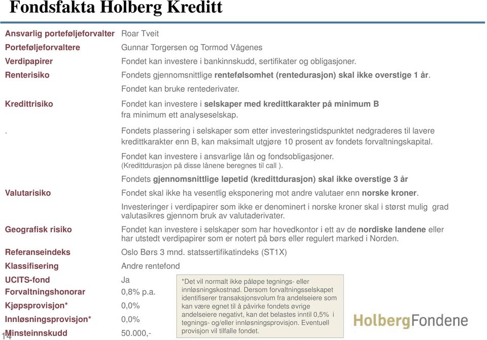 Kredittrisiko Fondet kan investere i selskaper med kredittkarakter på minimum B fra minimum ett analyseselskap.