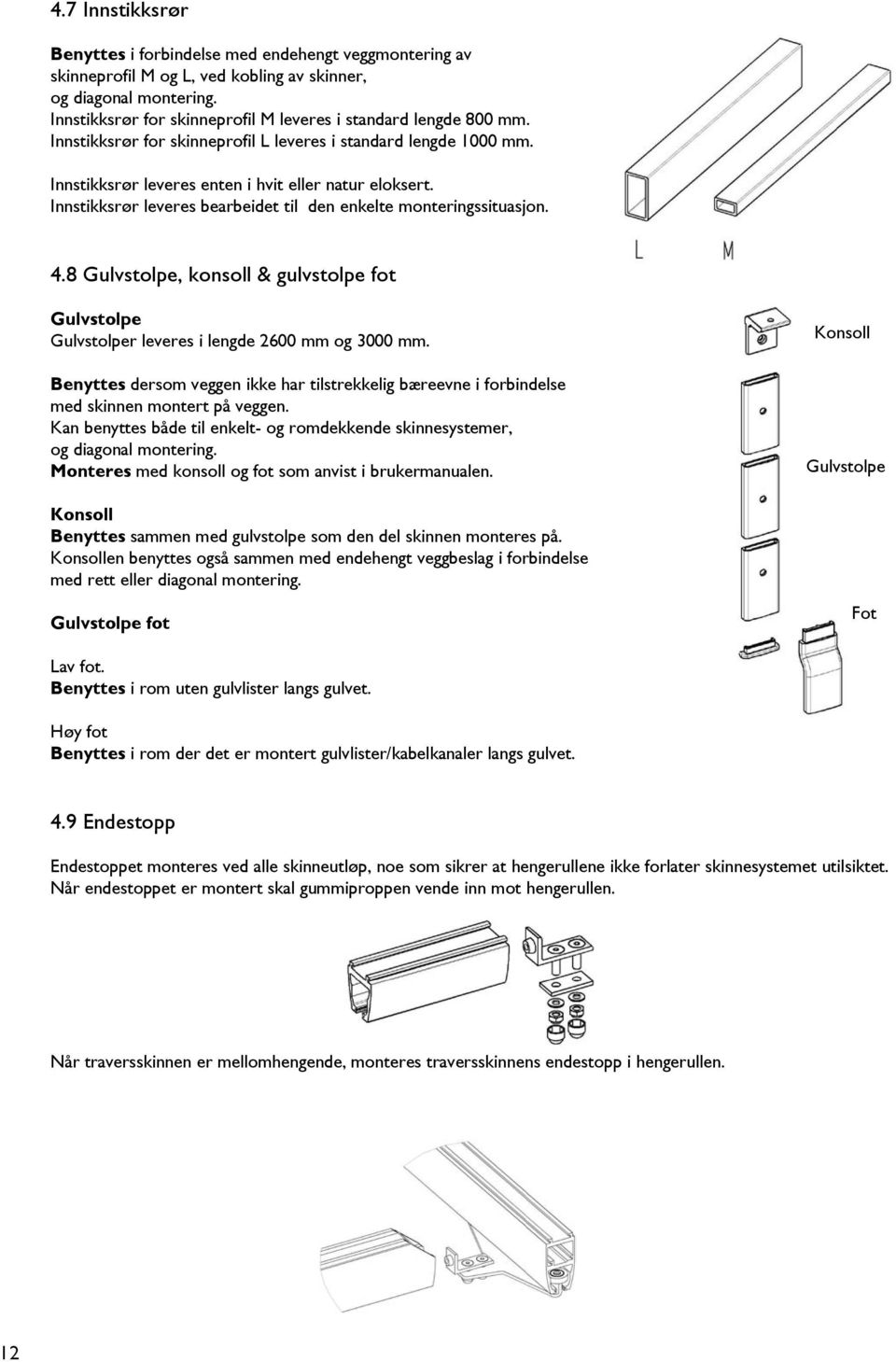 Innstikksrør leveres bearbeidet til den enkelte monteringssituasjon. 4.8 Gulvstolpe, konsoll & gulvstolpe fot Gulvstolpe Gulvstolper leveres i lengde 2600 mm og 3000 mm.