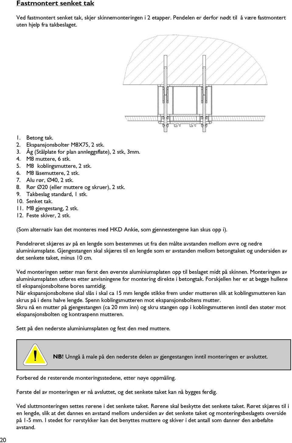 9. Takbeslag standard, 1 stk. 10. Senket tak. 11. M8 gjengestang, 2 stk. 12. Feste skiver, 2 stk. (Som alternativ kan det monteres med HKD Ankie, som gjennestengene kan skus opp i).