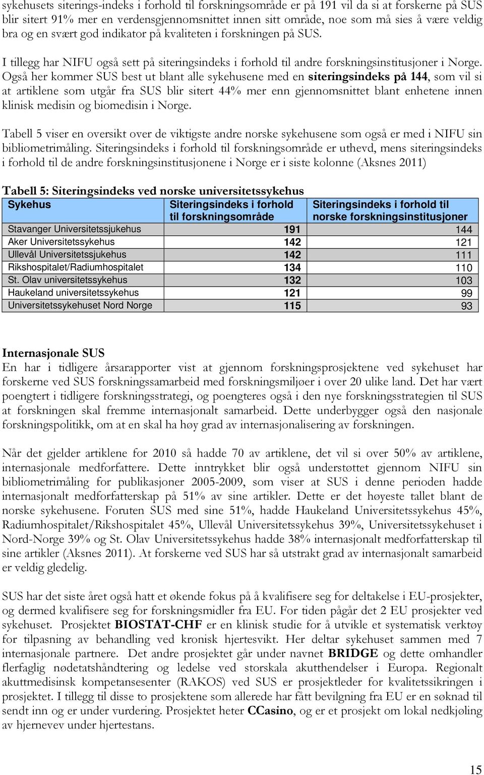 Også her kommer SUS best ut blant alle sykehusene med en siteringsindeks på 144, som vil si at artiklene som utgår fra SUS blir sitert 44% mer enn gjennomsnittet blant enhetene innen klinisk medisin