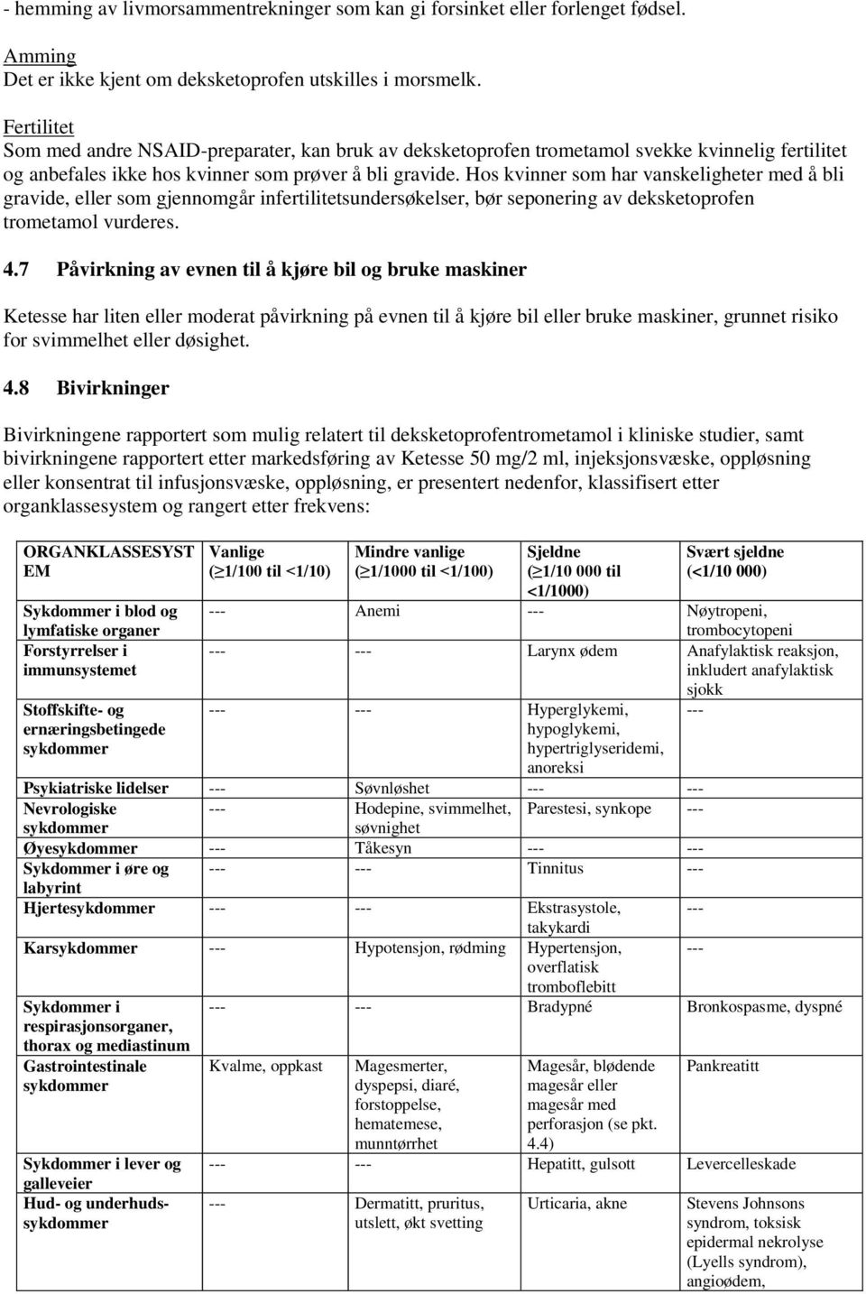 Hos kvinner som har vanskeligheter med å bli gravide, eller som gjennomgår infertilitetsundersøkelser, bør seponering av deksketoprofen trometamol vurderes. 4.