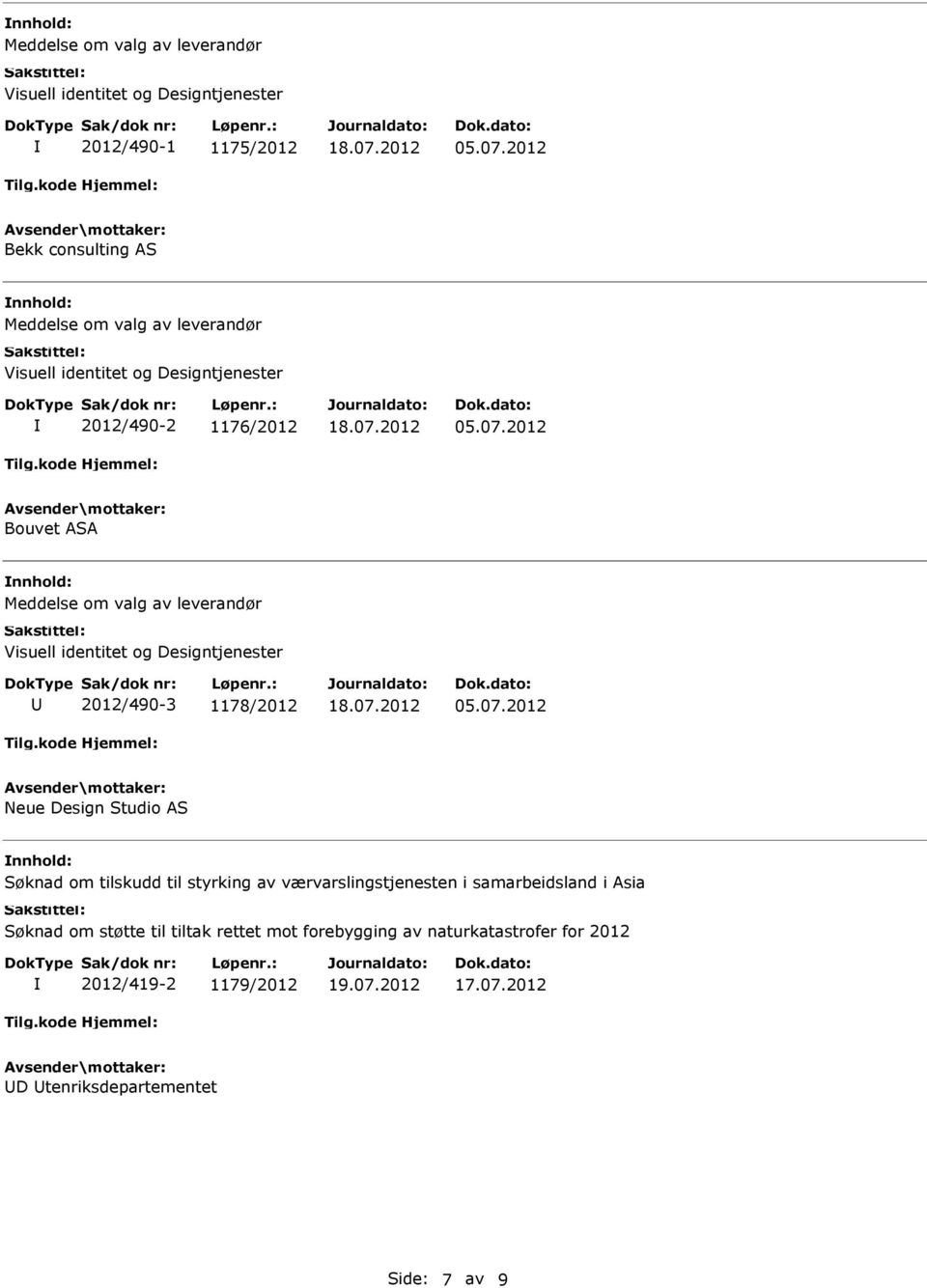 07.2012 05.07.2012 Neue Design Studio AS Søknad om tilskudd til styrking av værvarslingstjenesten i samarbeidsland i Asia Søknad om støtte til tiltak