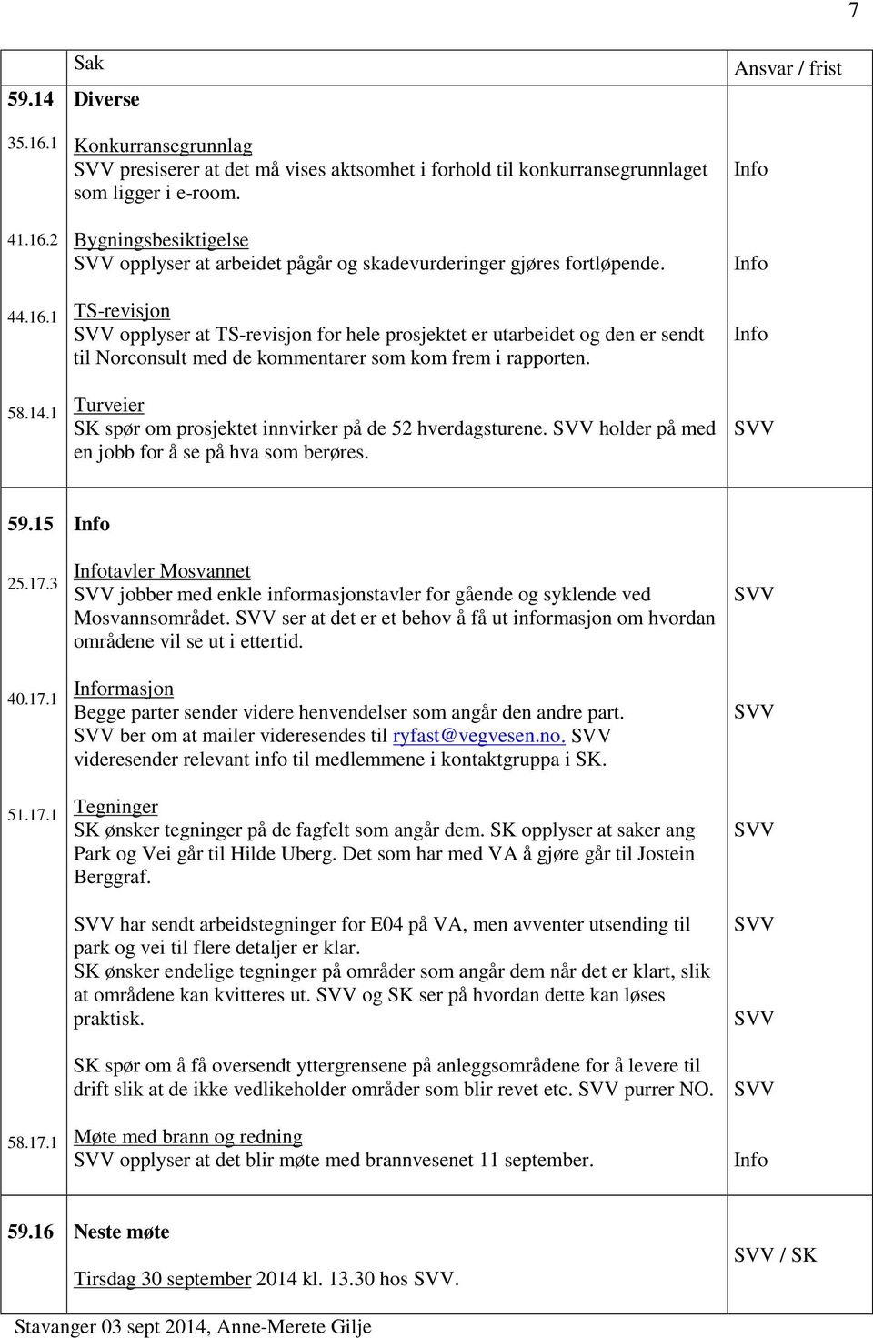 TS-revisjon opplyser at TS-revisjon for hele prosjektet er utarbeidet og den er sendt til Norconsult med de kommentarer som kom frem i rapporten.