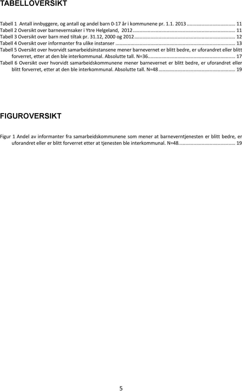 .. 13 Tabell 5 Oversikt over hvorvidt samarbeidsinstansene mener barnevernet er blitt bedre, er uforandret eller blitt forverret, etter at den ble interkommunal. Absolutte tall. N=36.