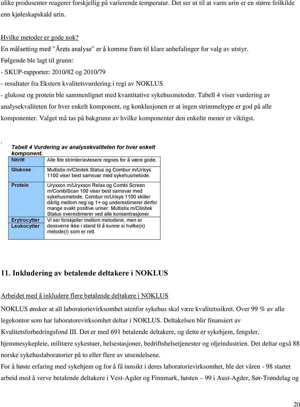 Følgende ble lagt til grunn: - SKUP-rapporter: 2010/82 og 2010/79 - resultater fra Ekstern kvalitetsvurdering i regi av NOKLUS - glukose og protein ble sammenlignet med kvantitative sykehusmetoder.