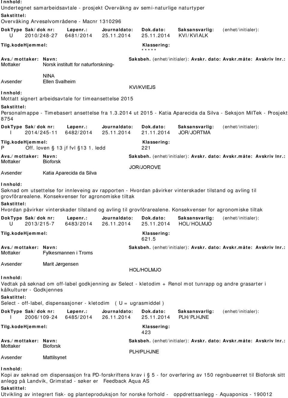 2014 KVI/KVIALK ***** Mottaker Norsk institutt for naturforskning- NINA Ellen Svalheim Mottatt signert arbeidsavtale for timeansettelse 2015 KVI/KVIEJS Personalmappe - Timebasert ansettelse fra 1.3.