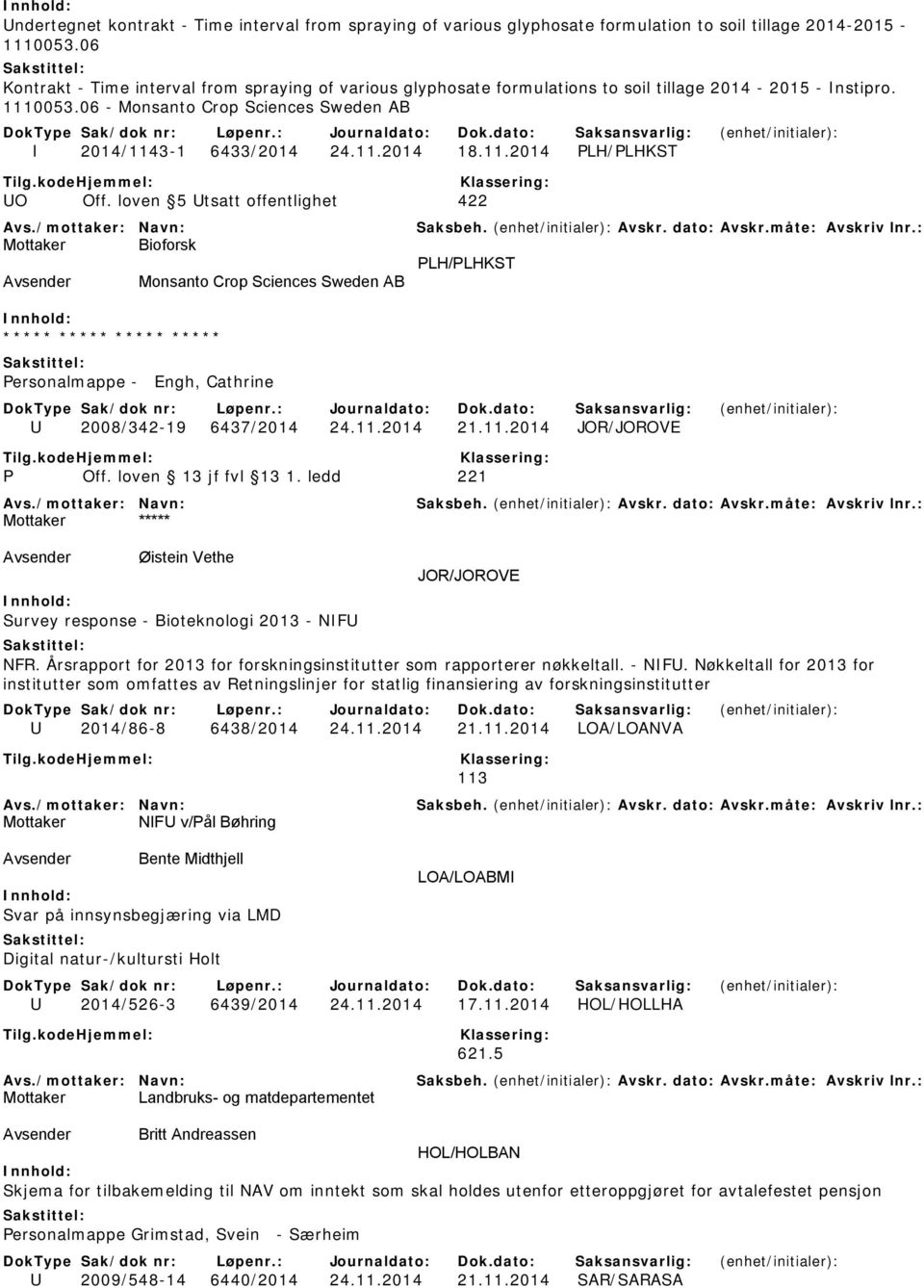 11.2014 PLH/PLHKST UO Off. loven 5 Utsatt offentlighet 422 PLH/PLHKST Monsanto Crop Sciences Sweden AB ***** ***** ***** ***** Personalmappe - Engh, Cathrine U 2008/342-19 6437/2014 24.11.2014 21.11.2014 JOR/JOROVE Mottaker ***** Øistein Vethe JOR/JOROVE Survey response - Bioteknologi 2013 - NIFU NFR.