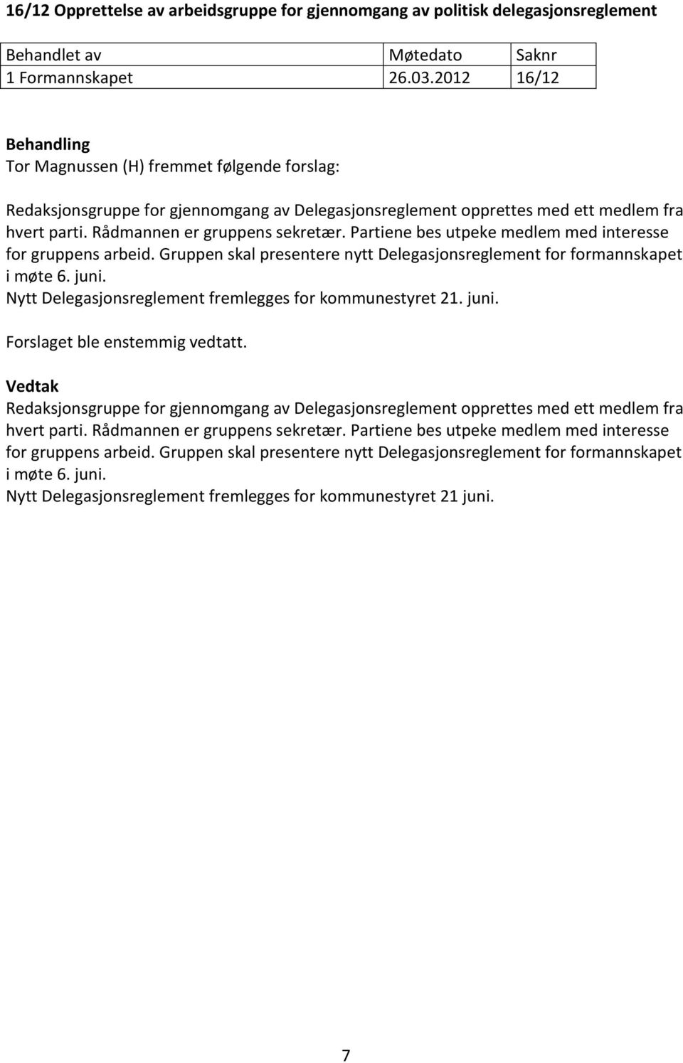 Partiene bes utpeke medlem med interesse for gruppens arbeid. Gruppen skal presentere nytt Delegasjonsreglement for formannskapet i møte 6. juni.