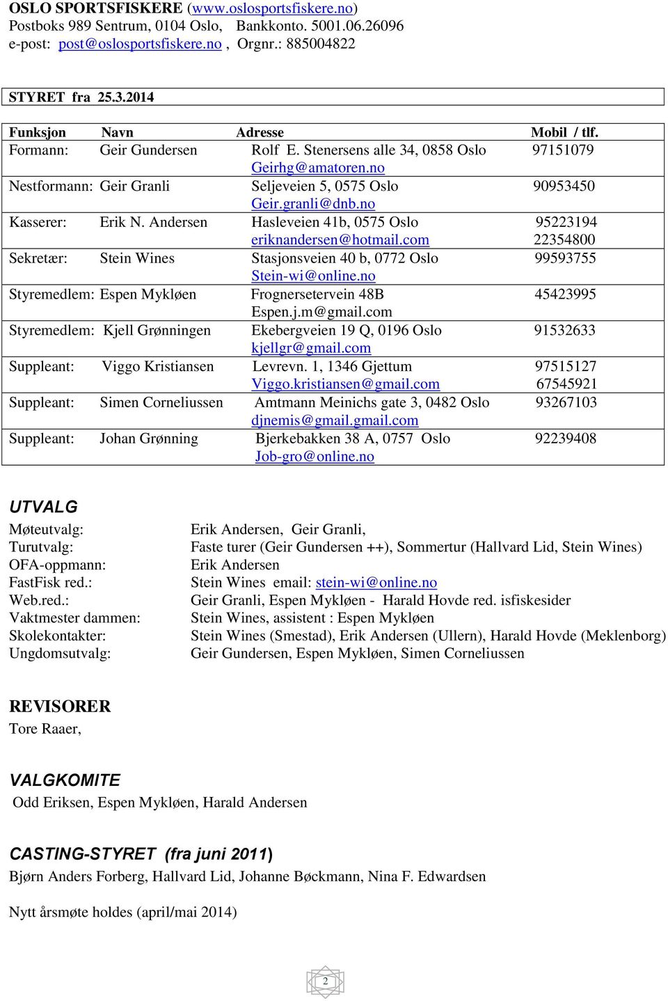 granli@dnb.no Kasserer: Erik N. Andersen Hasleveien 41b, 0575 Oslo 95223194 eriknandersen@hotmail.com 22354800 Sekretær: Stein Wines Stasjonsveien 40 b, 0772 Oslo 99593755 Stein-wi@online.