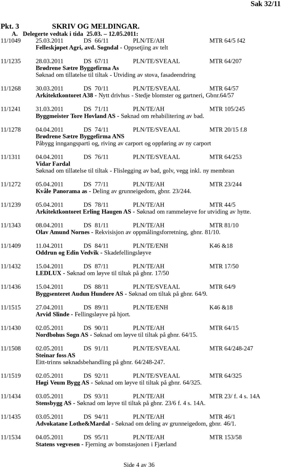 64/57 11/1241 31.03.2011 DS 71/11 PLN/TE/AH MTR 105/245 Byggmeister Tore Hovland AS - Søknad om rehabilitering av bad. 11/1278 04.04.2011 DS 74/11 PLN/TE/SVEAAL MTR 20/15 f.