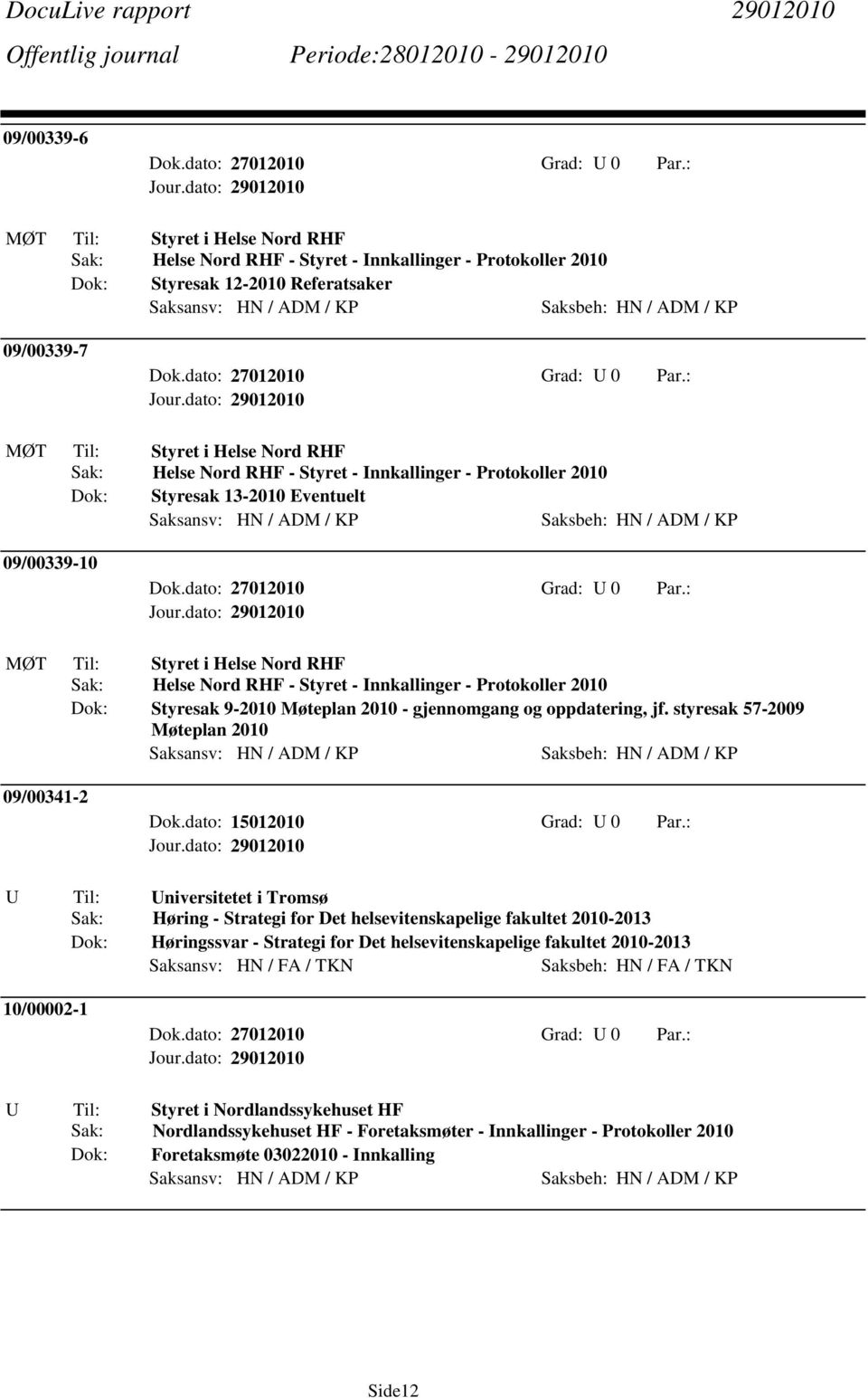 styresak 57-2009 Møteplan 2010 09/00341-2 Dok.dato: 15012010 Grad: U 0 Par.