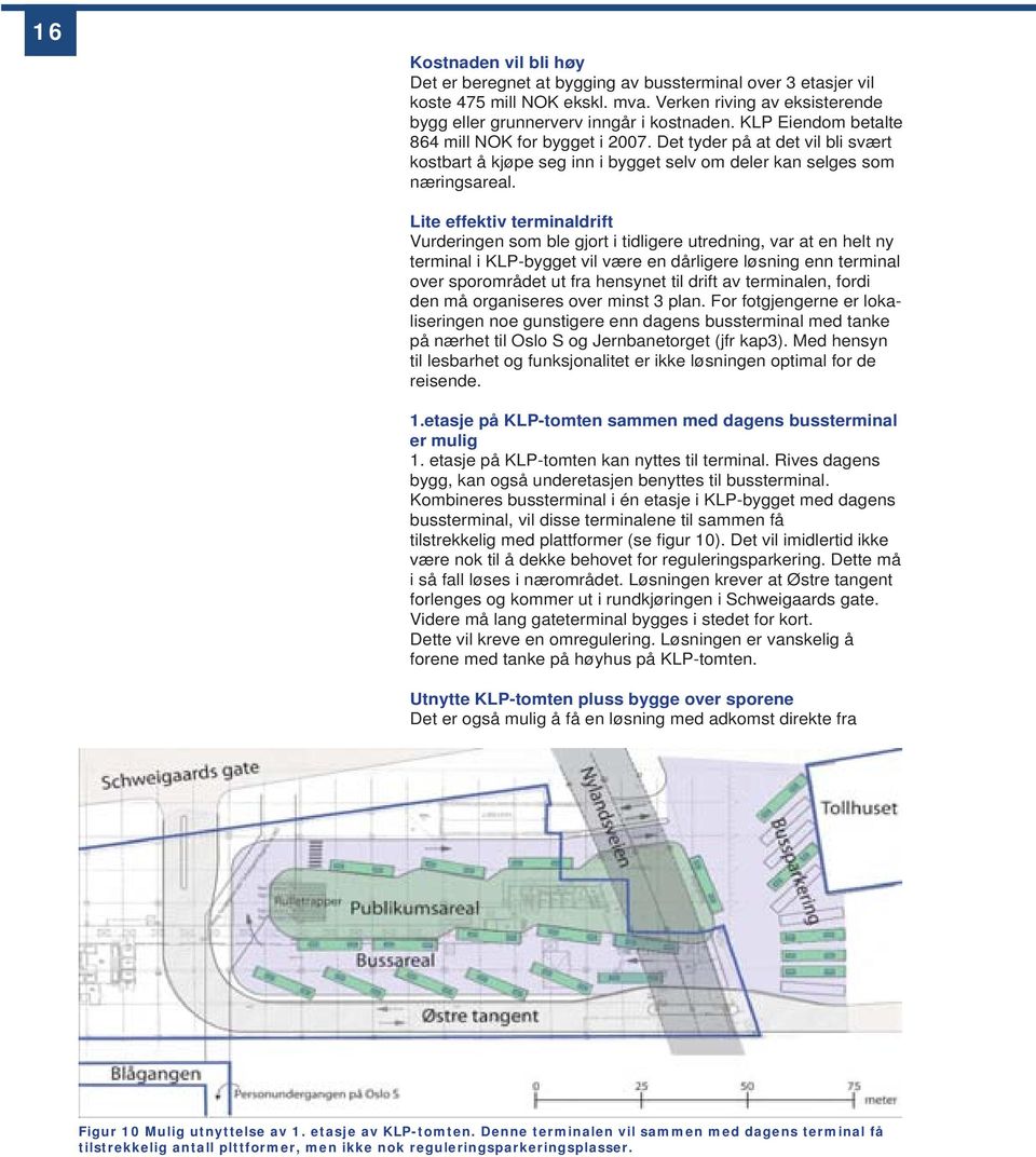 Lite effektiv terminaldrift Vurderingen som ble gjort i tidligere utredning, var at en helt ny terminal i KLP-bygget vil være en dårligere løsning enn terminal over sporområdet ut fra hensynet til