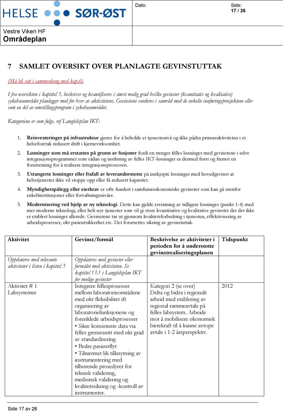 Gevinstene vurderes i samråd med de enkelte innføringsprosjektene eller som en del av omstillingsprogram i sykehusområdet. Kategoriene er som følge, ref Langtidsplan IKT: 1.