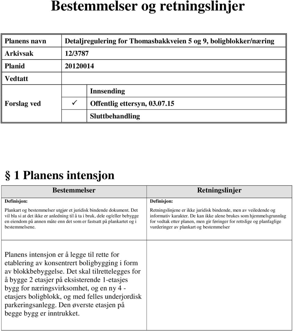 Det vil bla si at det ikke er anledning til å ta i bruk, dele og/eller bebygge en eiendom på annen måte enn det som er fastsatt på plankartet og i bestemmelsene.