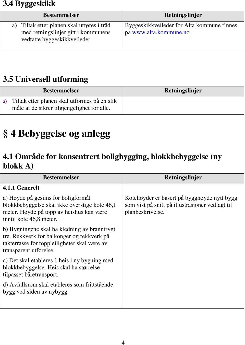 1 Område for konsentrert boligbygging, blokkbebyggelse (ny blokk A) 4.1.1 Generelt a) Høyde på gesims for boligformål blokkbebyggelse skal ikke overstige kote 46,1 meter.