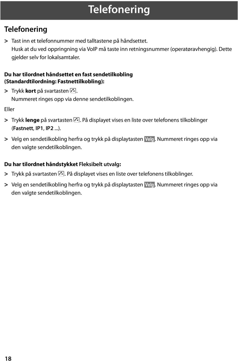 Nummeret ringes opp via denne sendetilkoblingen. Eller > Trykk lenge på svartasten c. På displayet vises en liste over telefonens tilkoblinger (Fastnett, IP1, IP2...).