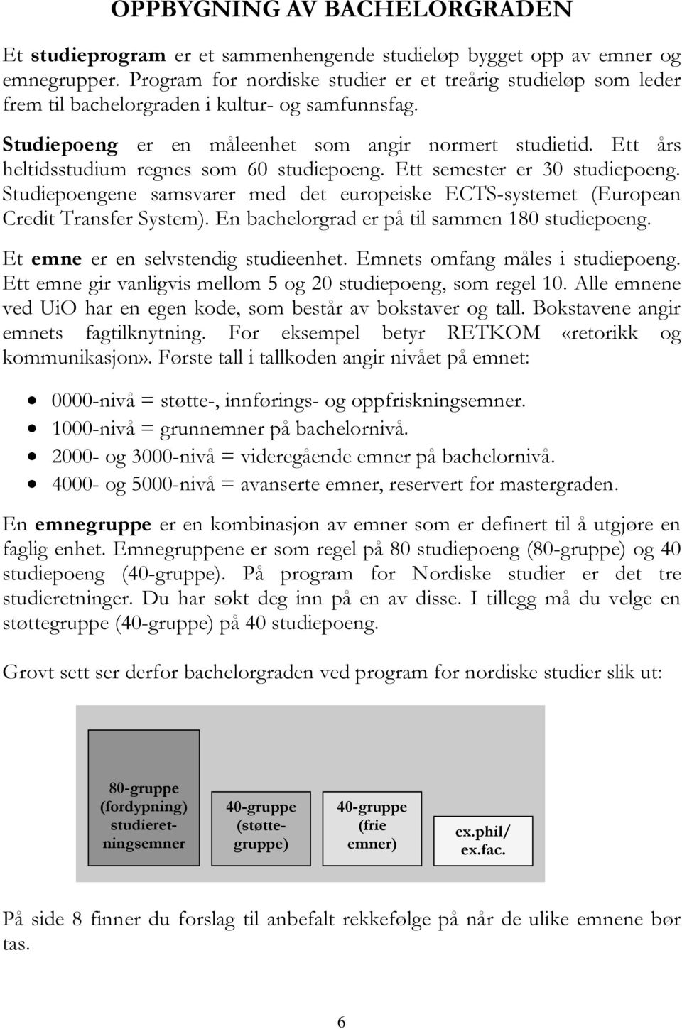 Ett års heltidsstudium regnes som 60 studiepoeng. Ett semester er 30 studiepoeng. Studiepoengene samsvarer med det europeiske ECTS-systemet (European Credit Transfer System).