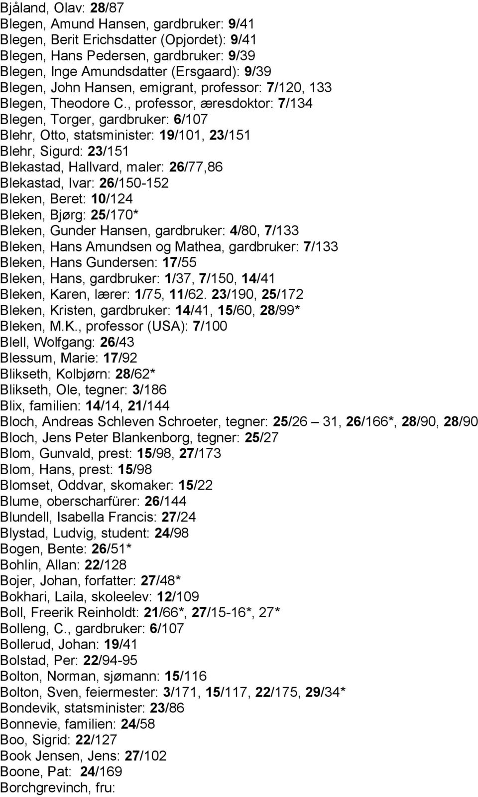 , professor, æresdoktor: 7/134 Blegen, Torger, gardbruker: 6/107 Blehr, Otto, statsminister: 19/101, 23/151 Blehr, Sigurd: 23/151 Blekastad, Hallvard, maler: 26/77,86 Blekastad, Ivar: 26/150-152