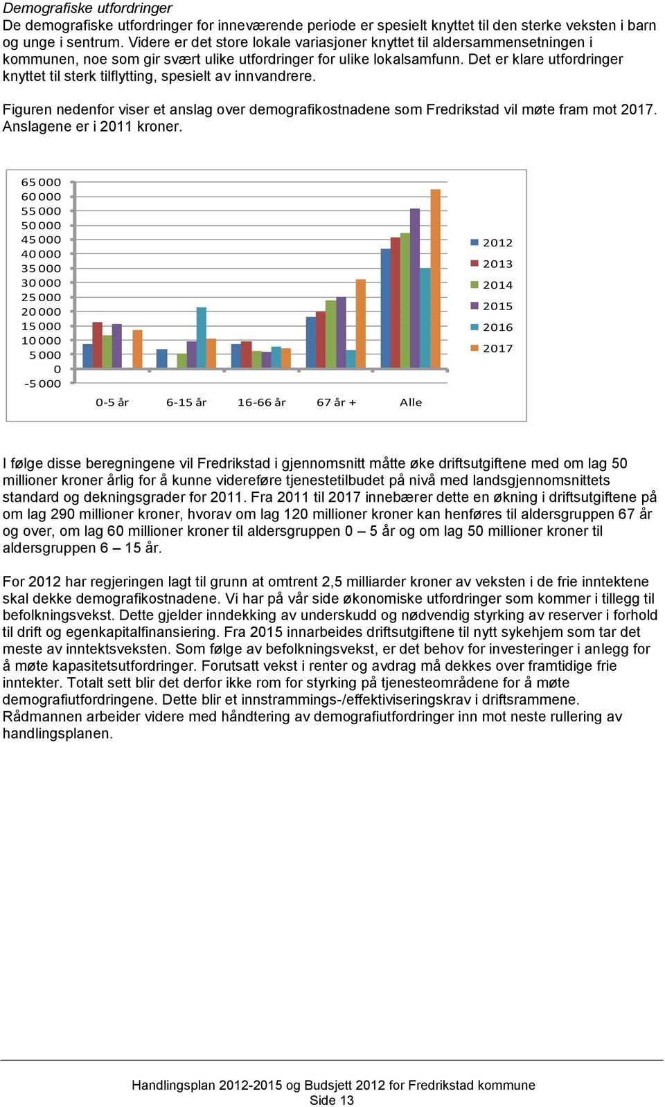 Det er klare utfordringer knyttet til sterk tilflytting, spesielt av innvandrere. Figuren nedenfor viser et anslag over demografikostnadene som Fredrikstad vil møte fram mot 2017.