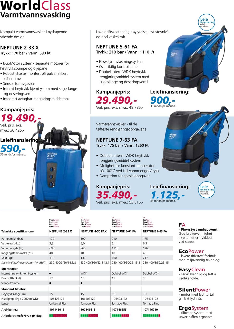 425,- : 590,- Lave driftskostnader, høy ytelse, lavt støynivå og god vaskekraft neptune 5-61 fa Trykk: 210 bar / Vann: 1110 l/t Flowstyrt avlastningssystem Oversiktlig kontrollpanel Dobbel intern WDK