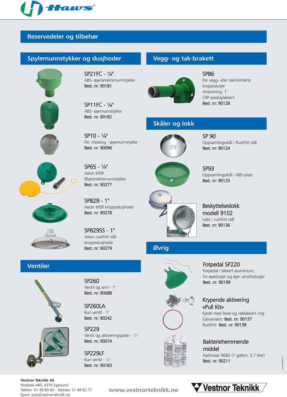 nr: 90124 SP65 - ¼" Axion MSR Øye/ansiktsmunnstykke Best. nr: 90277 SP93 Oppsamlingsskål i ABS-plast Best. nr: 90125 SP829-1" Axion MSR kroppsdusjhode Best.