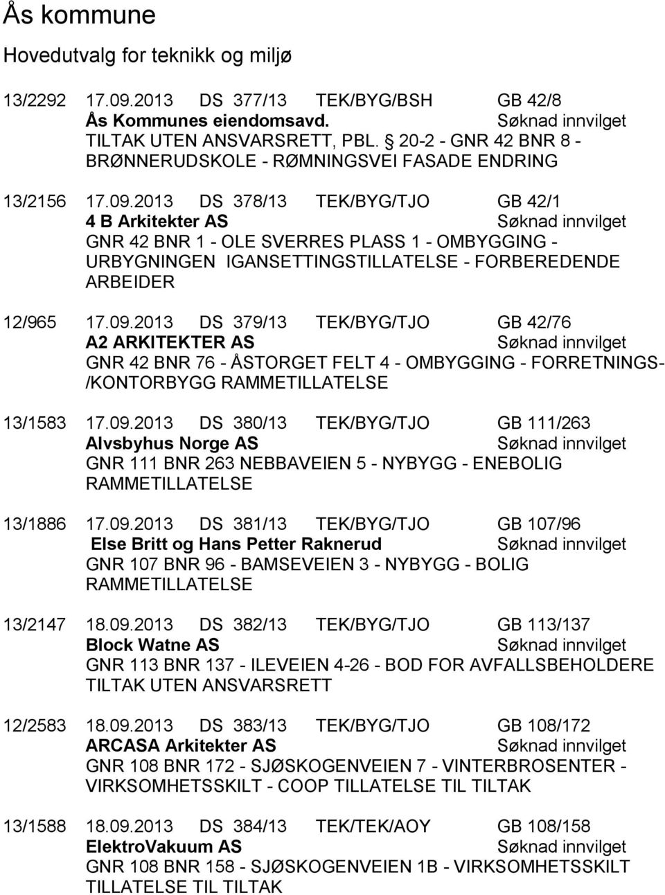 09.2013 DS 380/13 TEK/BYG/TJO GB 111/263 Alvsbyhus Norge AS Søknad innvilget GNR 111 BNR 263 NEBBAVEIEN 5 - NYBYGG - ENEBOLIG RAMMETILLATELSE 13/1886 17.09.2013 DS 381/13 TEK/BYG/TJO GB 107/96 Else Britt og Hans Petter Raknerud Søknad innvilget GNR 107 BNR 96 - BAMSEVEIEN 3 - NYBYGG - BOLIG RAMMETILLATELSE 13/2147 18.