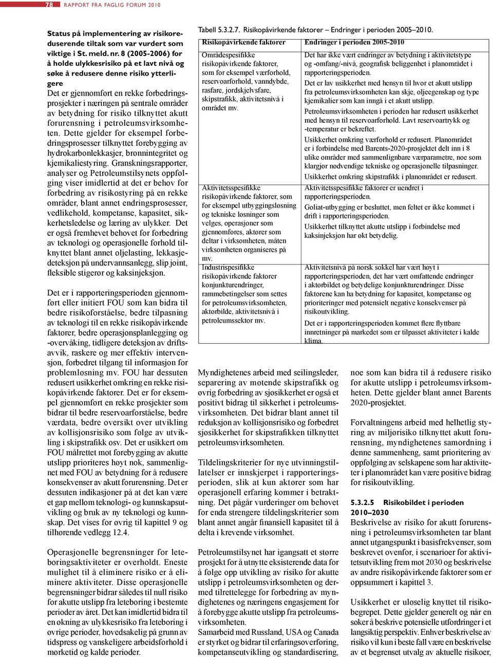 risiko tilknyttet akutt forurensning i petroleumsvirksomheten. Dette gjelder for eksempel forbedringsprosesser tilknyttet forebygging av hydrokarbonlekkasjer, brønnintegritet og kjemikaliestyring.