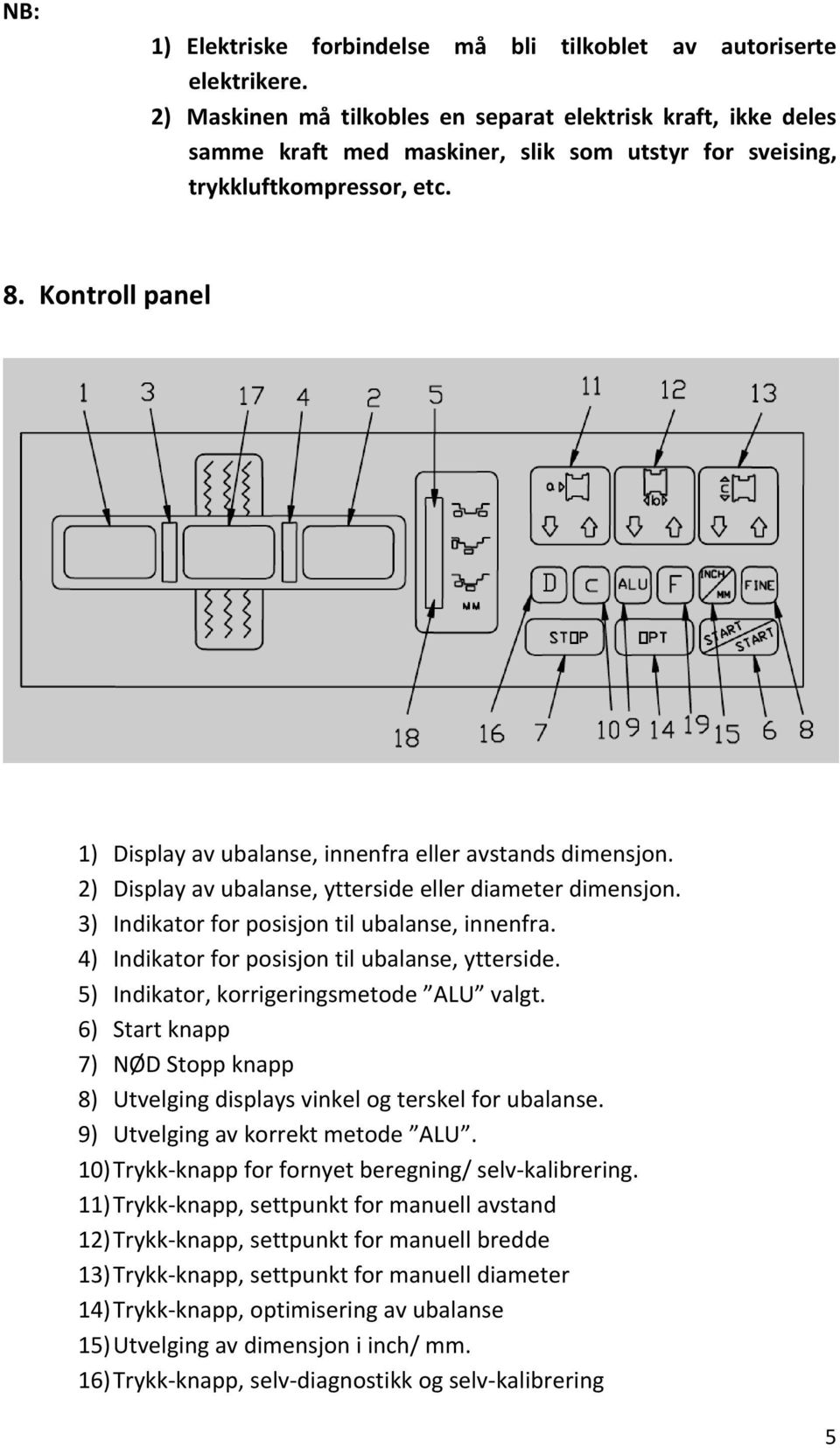 Kontroll panel 1) Display av ubalanse, innenfra eller avstands dimensjon. 2) Display av ubalanse, ytterside eller diameter dimensjon. 3) Indikator for posisjon til ubalanse, innenfra.