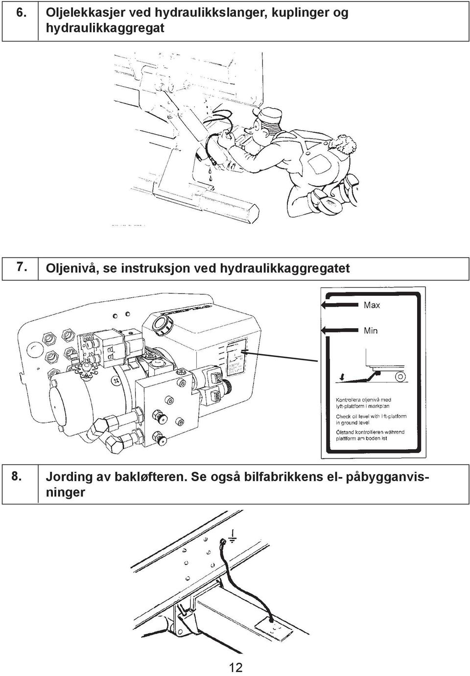 Oljenivå, se instruksjon ved hydraulikkaggregatet