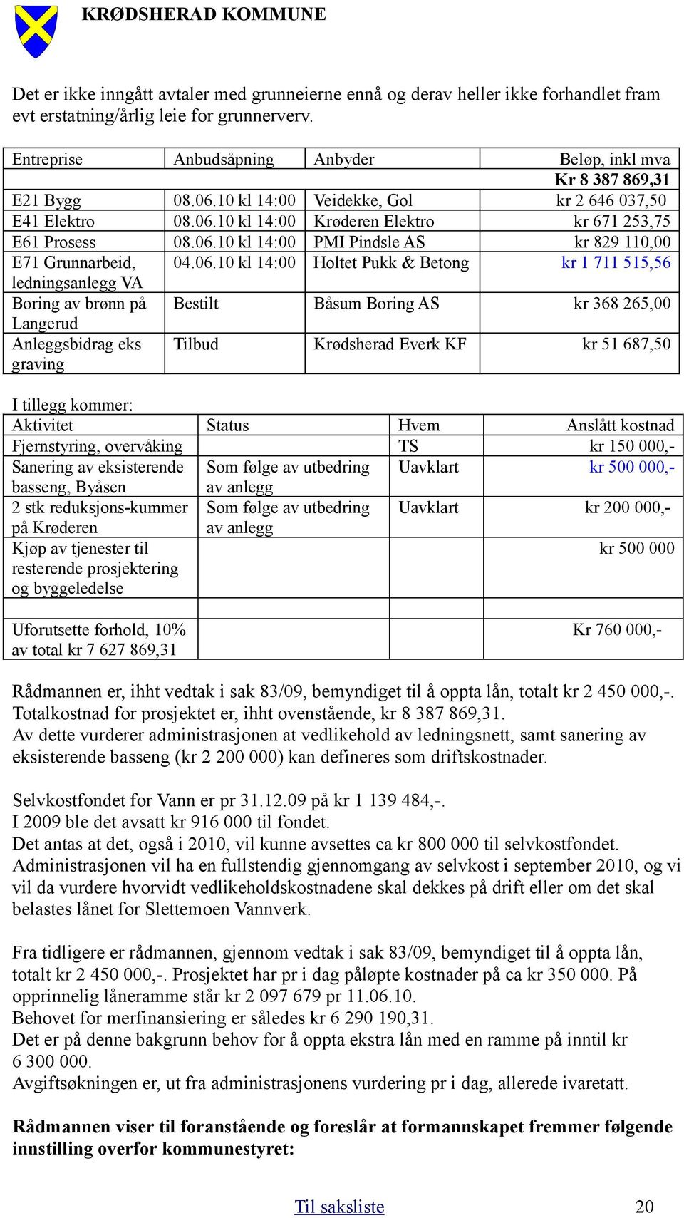 06.10 kl 14:00 Holtet Pukk & Betong kr 1 711 515,56 ledningsanlegg VA Boring av brønn på Bestilt Båsum Boring AS kr 368 265,00 Langerud Anleggsbidrag eks graving Tilbud Krødsherad Everk KF kr 51