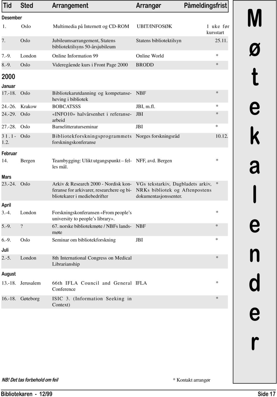 Oslo Bibliotekarutdanning og kompetanseheving NBF * i bibliotek 24.-26. Krakow BOBCATSSS JBI, m.fl. * 24.-29. Oslo «INFO10» halvårsenhet i referansearbeid JBI * 27.-28.