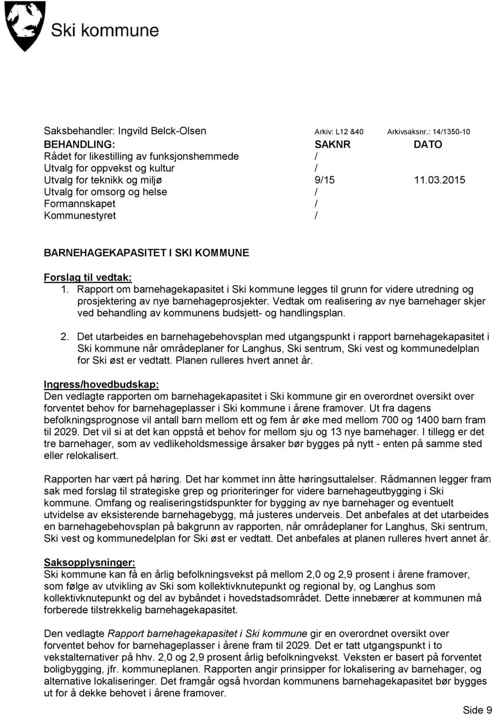 2015 Utvalg for omsorg og helse / Formannskapet / Kommunestyret / BARNEHAGEKAPASITET I SKI KOMMUNE Forslag til vedtak: 1.