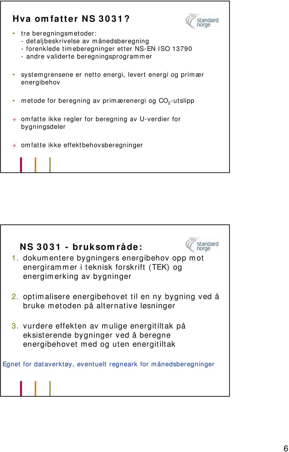 og primær energibehov metode for beregning av primærenergi og CO 2 -utslipp omfatte ikke regler for beregning av U-verdier for bygningsdeler omfatte ikke effektbehovsberegninger NS 3031 -