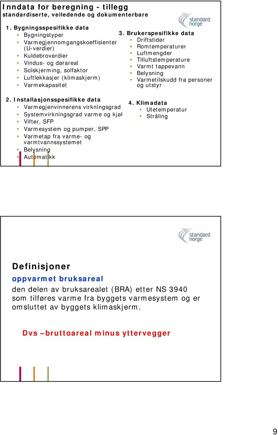 Brukerspesifikke data Driftstider Romtemperaturer Luftmengder Tilluftstemperature Varmt tappevann Belysning Varmetilskudd fra personer og utstyr 2.