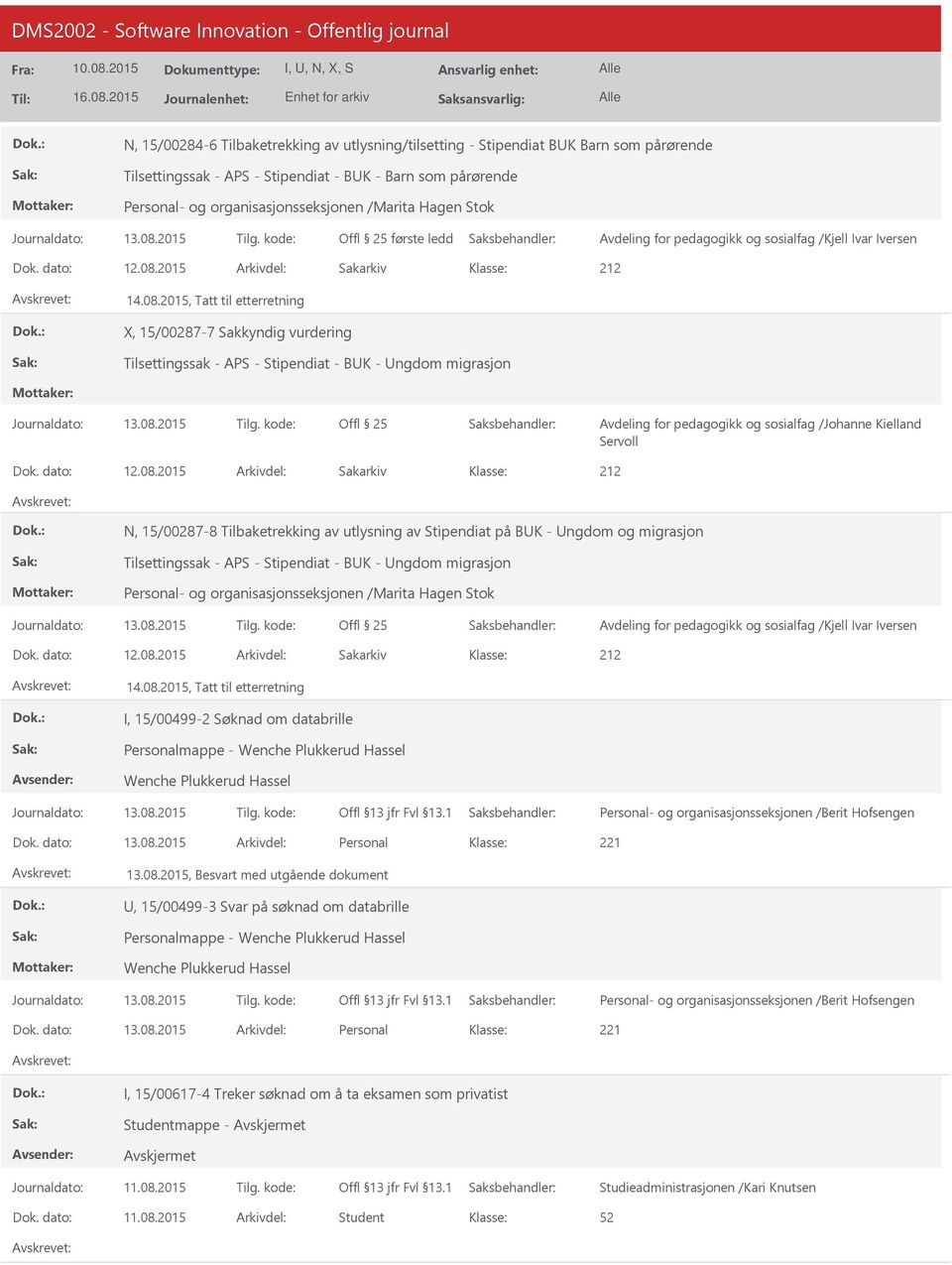 2015, Tatt til etterretning X, 15/00287-7 Sakkyndig vurdering Tilsettingssak - APS - Stipendiat - BK - ngdom migrasjon Offl 25 Avdeling for pedagogikk og sosialfag /Johanne Kielland Servoll 212 N,