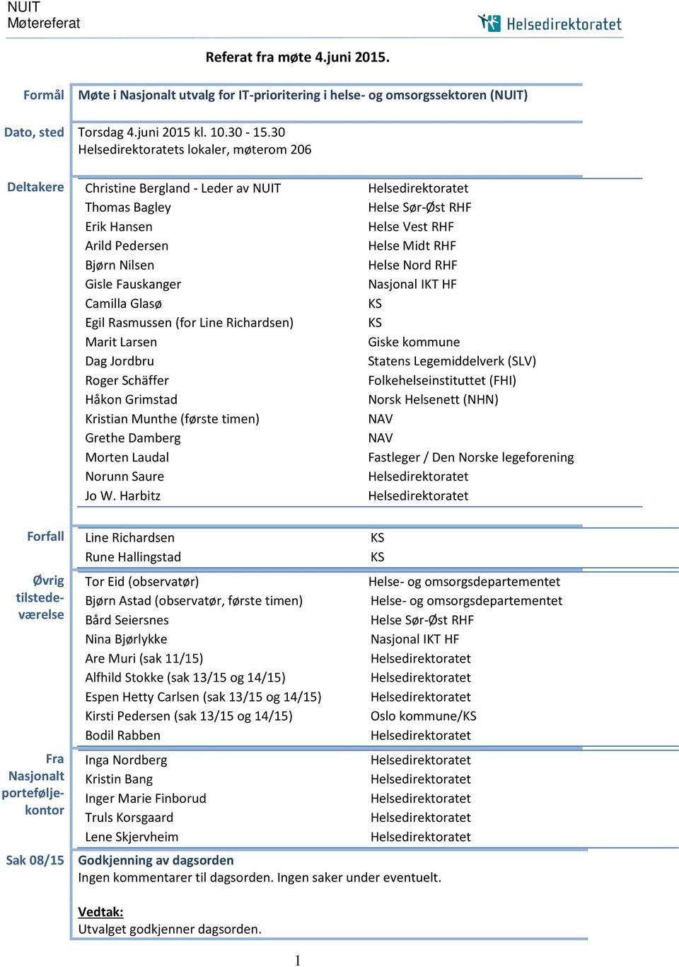 Bjørn Nilsen Helse Nord RHF Gisle Fauskanger Nasjonal IKT HF Camilla Glasø KS Egil Rasmussen (for Line Richardsen) KS Marit Larsen Giske kommune Dag Jordbru Statens Legemiddelverk (SLV) Roger