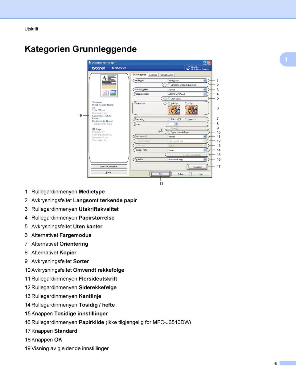 Sorter 10 Avkrysningsfeltet Omvendt rekkefølge 11 Rullegardinmenyen Flersideutskrift 12 Rullegardinmenyen Siderekkefølge 13 Rullegardinmenyen Kantlinje 14 Rullegardinmenyen Tosidig