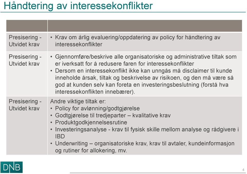 inneholde årsak, tiltak og beskrivelse av risikoen, og den må være så god at kunden selv kan foreta en investeringsbeslutning (forstå hva interessekonflikten innebærer).