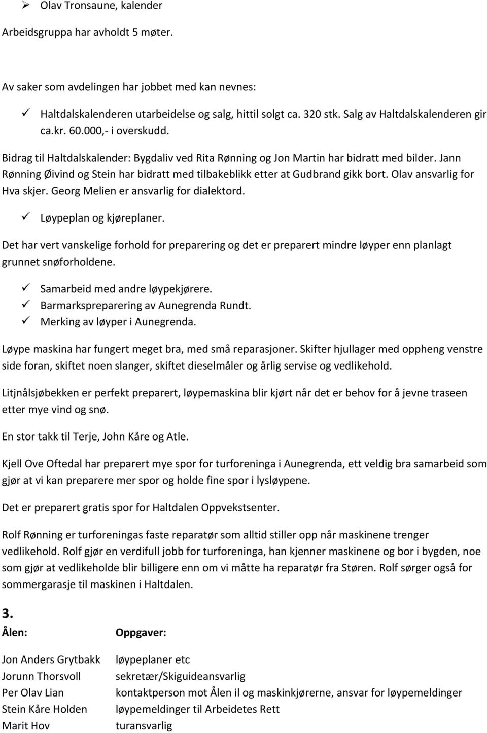 Jann Rønning Øivind og Stein har bidratt med tilbakeblikk etter at Gudbrand gikk bort. Olav ansvarlig for Hva skjer. Georg Melien er ansvarlig for dialektord. Løypeplan og kjøreplaner.