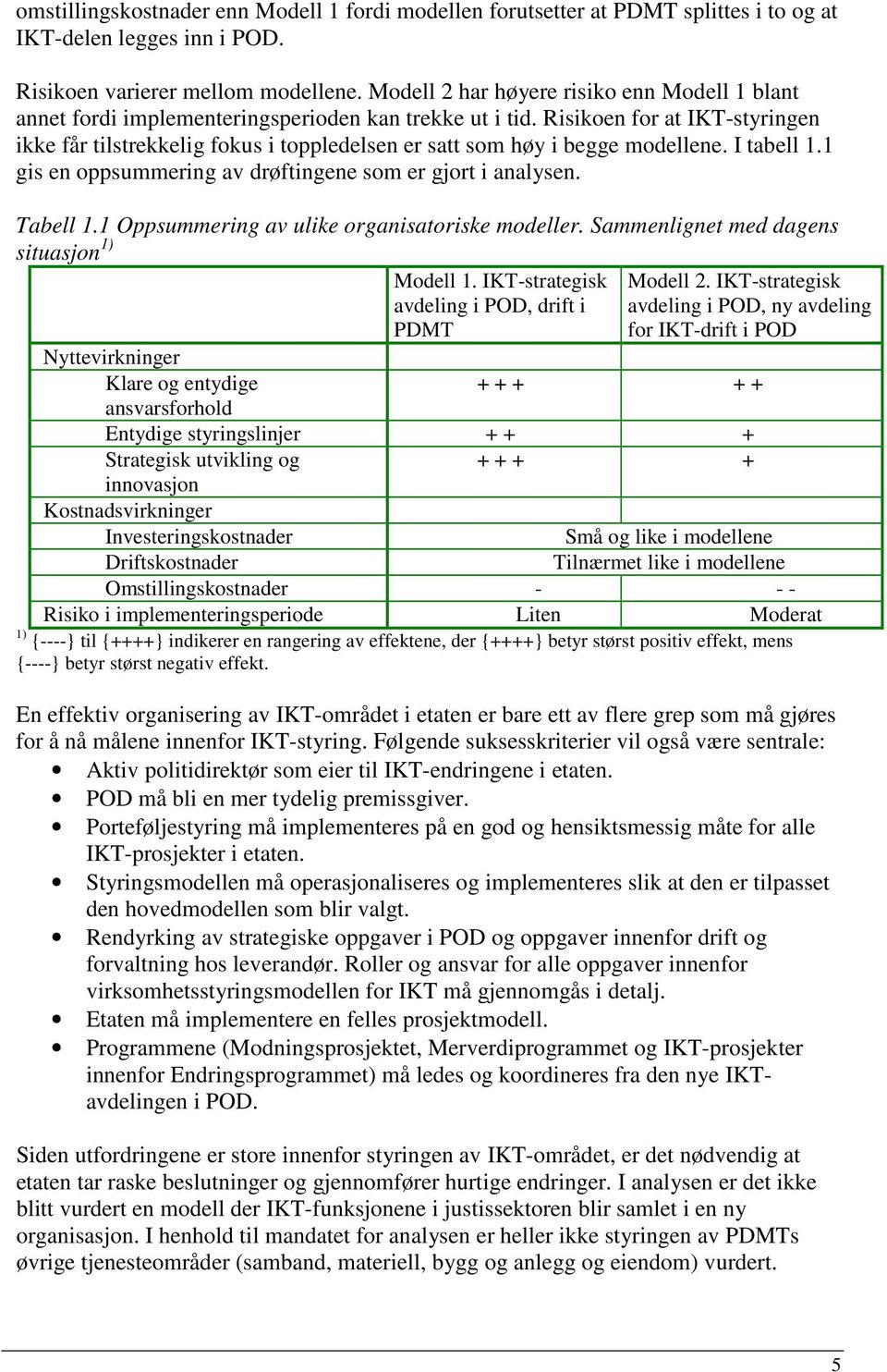 Risikoen for at IKT-styringen ikke får tilstrekkelig fokus i toppledelsen er satt som høy i begge modellene. I tabell 1.1 gis en oppsummering av drøftingene som er gjort i analysen. Tabell 1.