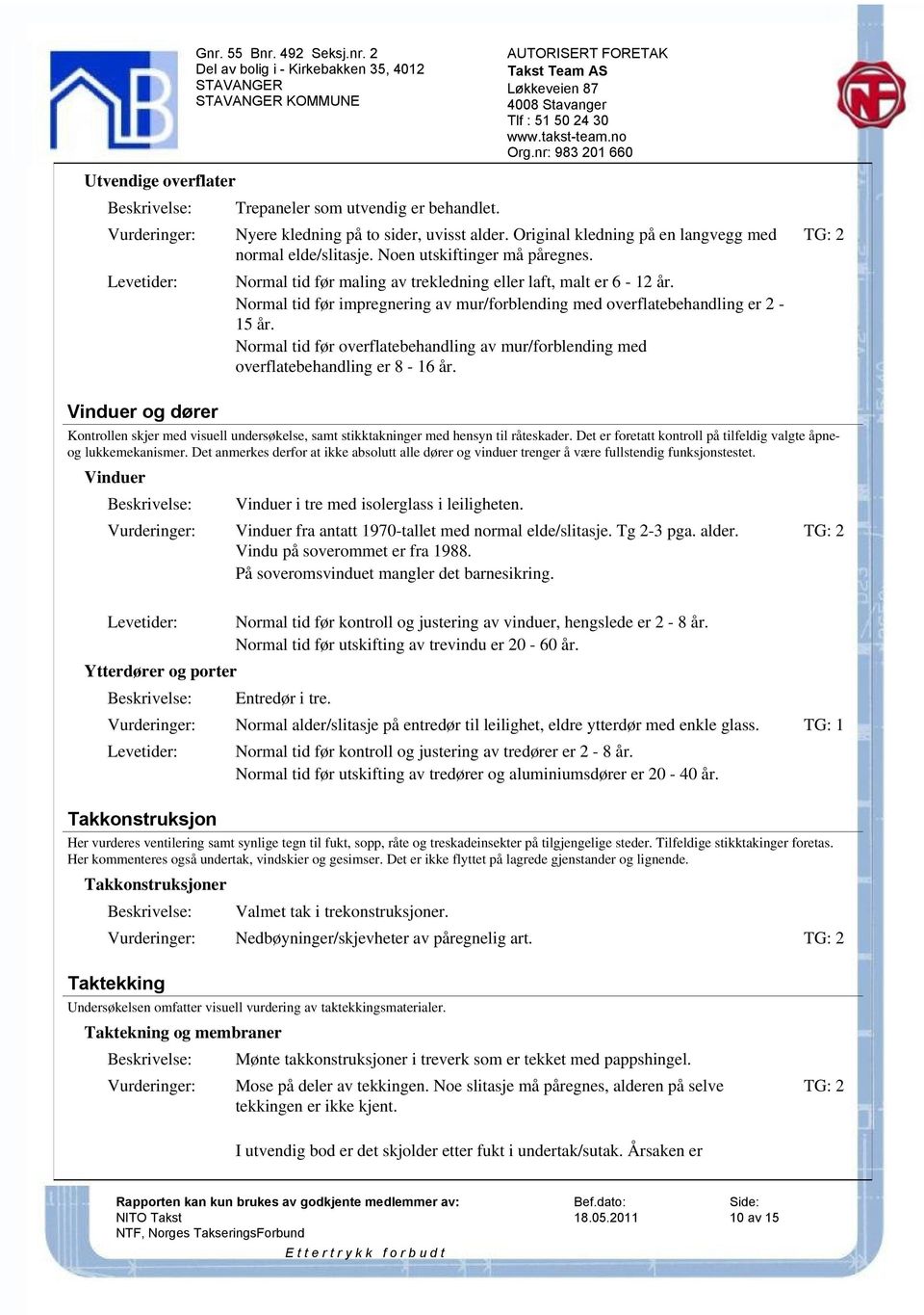 Normal tid før overflatebehandling av mur/forblending med overflatebehandling er 8-16 år. Vinduer og dører Kontrollen skjer med visuell undersøkelse, samt stikktakninger med hensyn til råteskader.