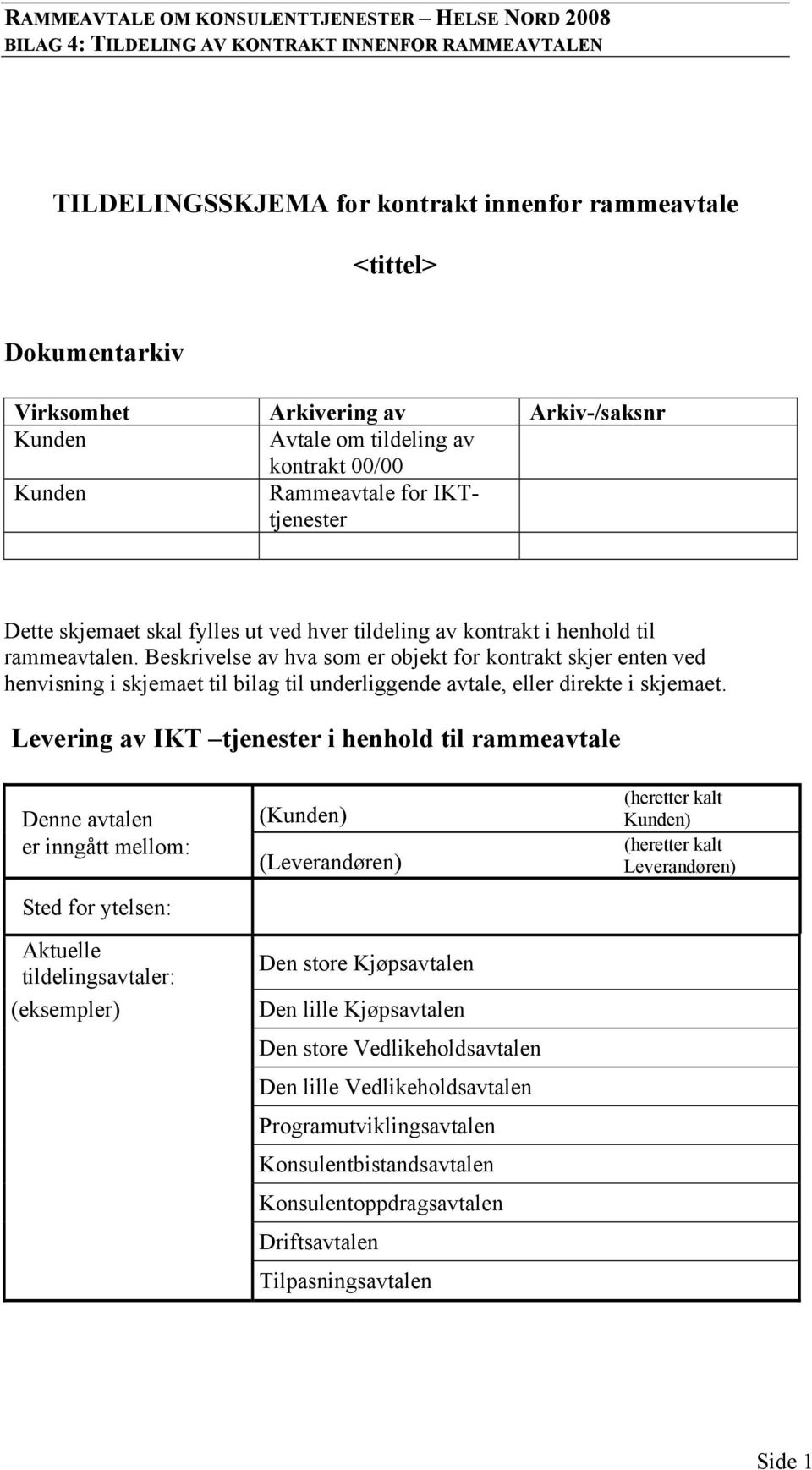 Beskrivelse av hva som er objekt for kontrakt skjer enten ved henvisning i skjemaet til bilag til underliggende avtale, eller direkte i skjemaet.