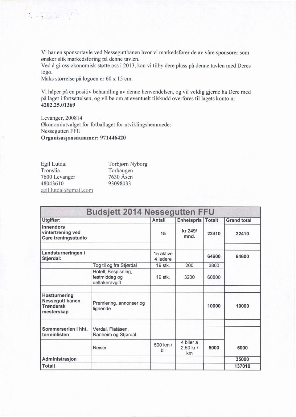 Vi håper på en positiv behandling av denne henvendelsen, og vil veldig gjerne ha Dere med på laget i fortsettelsen, og vil be om at eventuelt tilskudd overføres til lagets konto nr 4202.25.