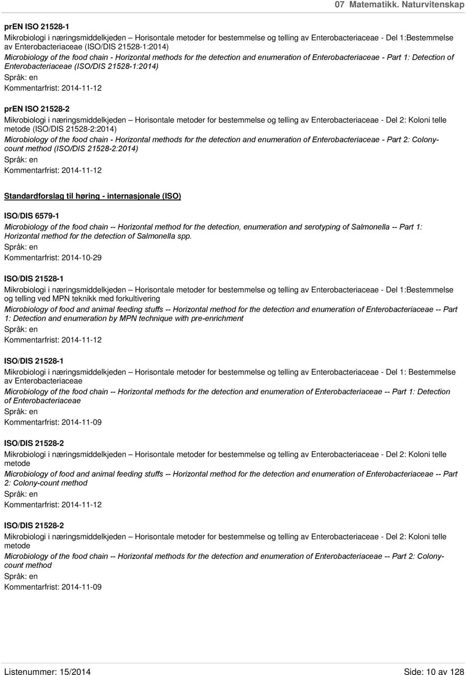 21528-1:2014) Microbiology of the food chain - Horizontal methods for the detection and enumeration of Enterobacteriaceae - Part 1: Detection of Enterobacteriaceae (ISO/DIS 21528-1:2014)