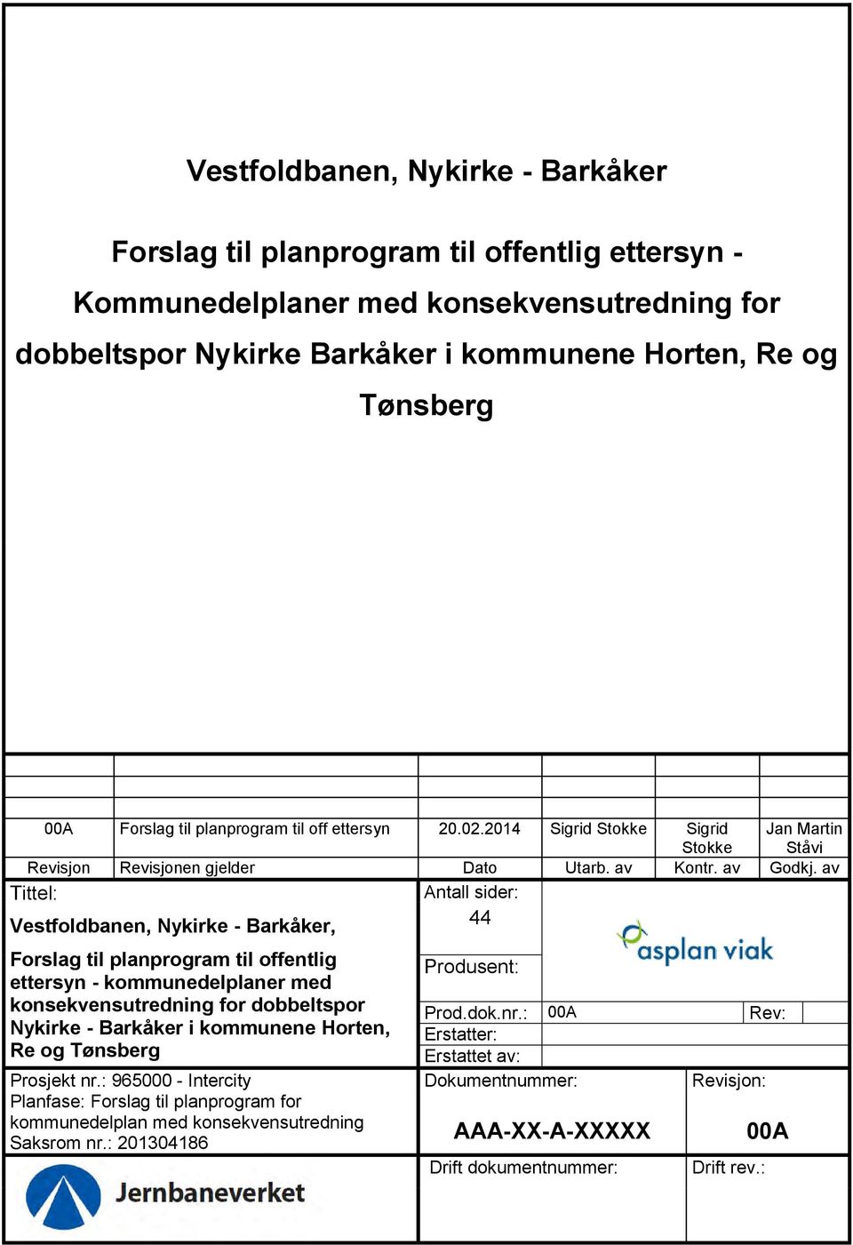 av Antall sider: 44 Tittel: Vestfoldbanen, Nykirke - Barkåker, Forslag til planprogram til offentlig ettersyn - kommunedelplaner med konsekvensutredning for dobbeltspor Nykirke - Barkåker i kommunene