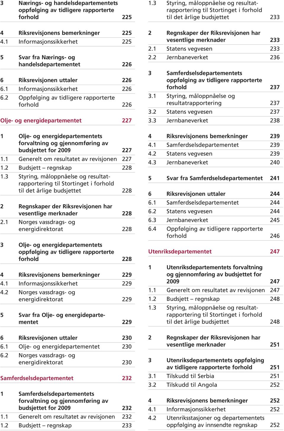 2 Oppfølging av tidligere rapporterte forhold 226 Olje- og energidepartementet 227 1 Olje- og energidepartementets forvaltning og gjennomføring av budsjettet for 2009 227 1.