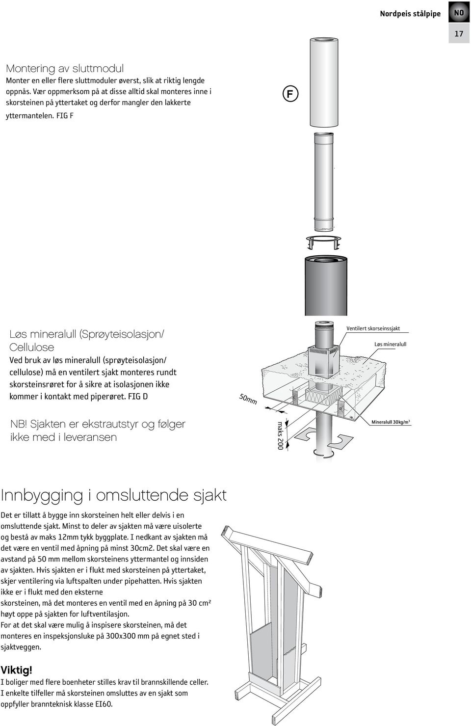 FIG F F Utkragad ände Rökrör Pannkitt Tätningsring Rillad ände 30 mm Løs mineralull (Sprøyteisolasjon/ Cellulose Ved bruk av løs mineralull (sprøyteisolasjon/ cellulose) må en ventilert sjakt